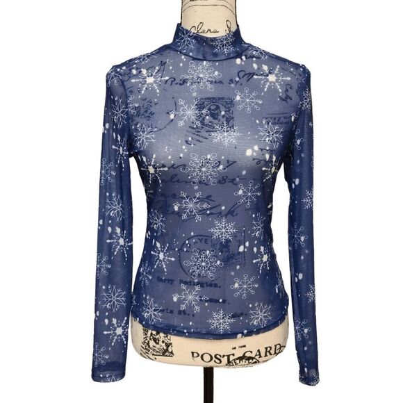 ❄️ Snowflake Print ️Long Sleeve Mock Neck Navy Blue Sheer Mesh Top SIZE L NEW - Picture 11 of 11